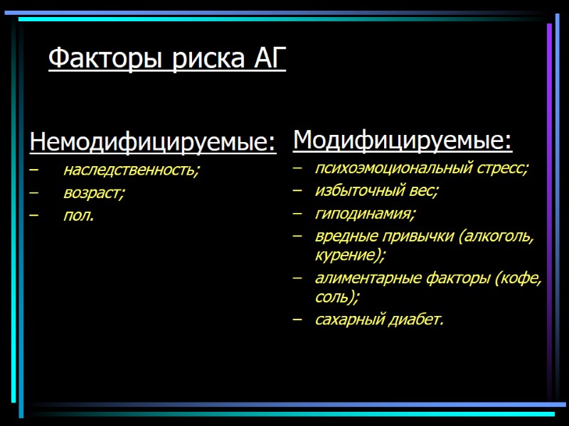 Факторы риска АГ   Немодифицируемые: наследственность; возраст; пол.   Модифицируемые: психоэмоциональный стресс;